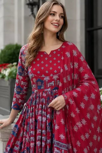 red cotton readymade anarkali suit with floral printed work