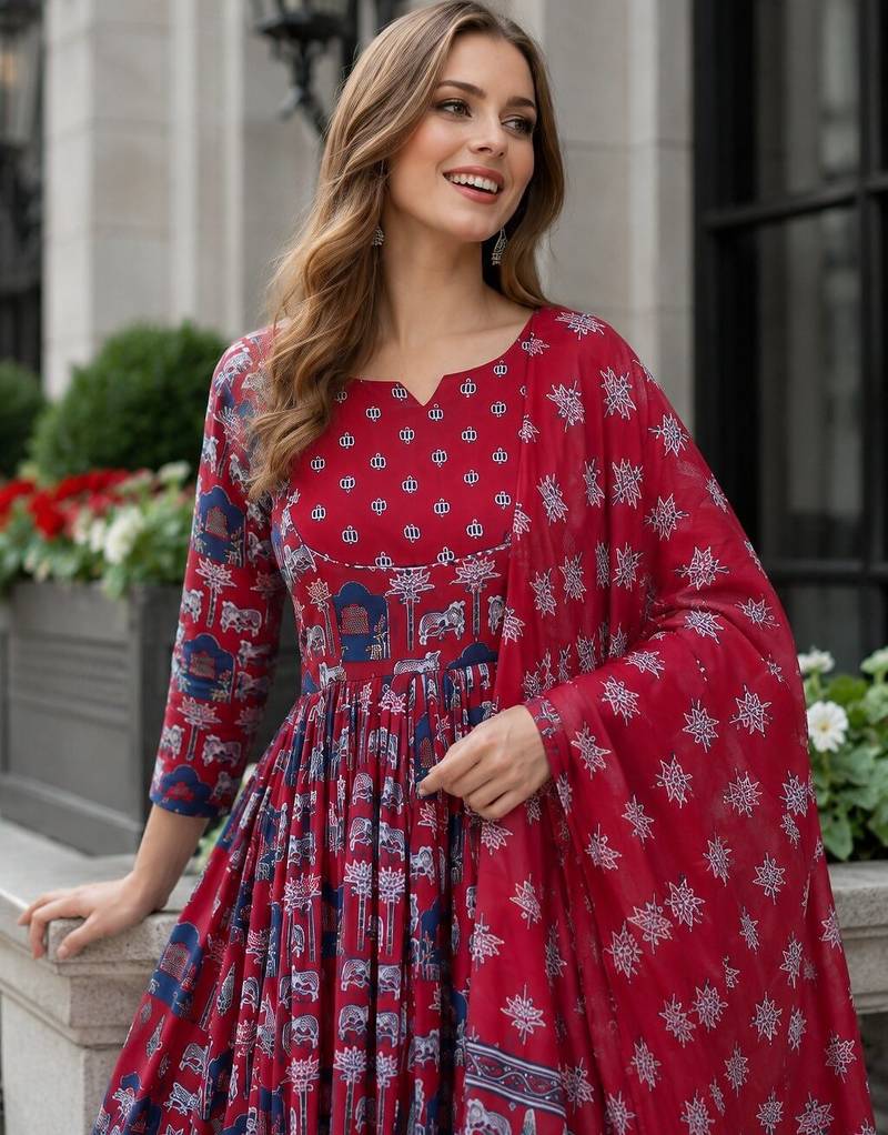 red cotton readymade anarkali suit with floral printed work