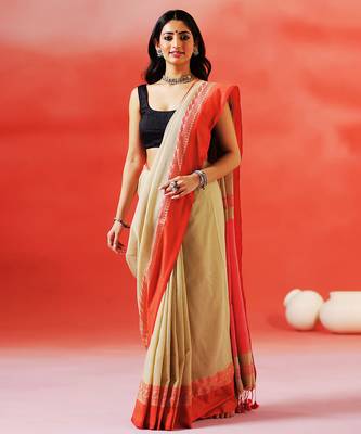 Biscuit beige red handloom khadi saree 1