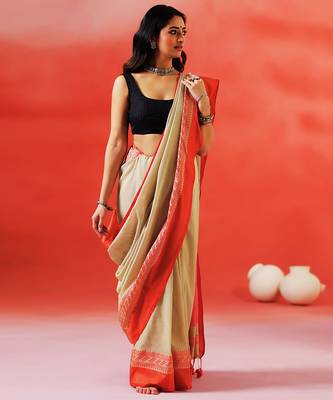 Biscuit beige red handloom khadi saree 2