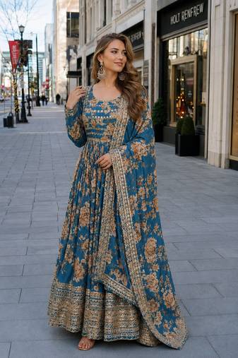 blue silk blend readymade anarkali suit with embroidery & sequence work
