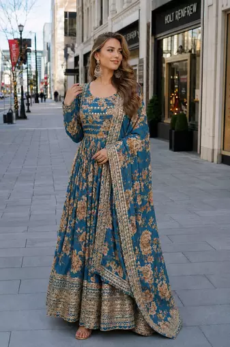 blue silk blend readymade anarkali suit with embroidery & Sequin work