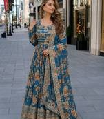 blue silk blend readymade anarkali suit with embroidery & sequence work
