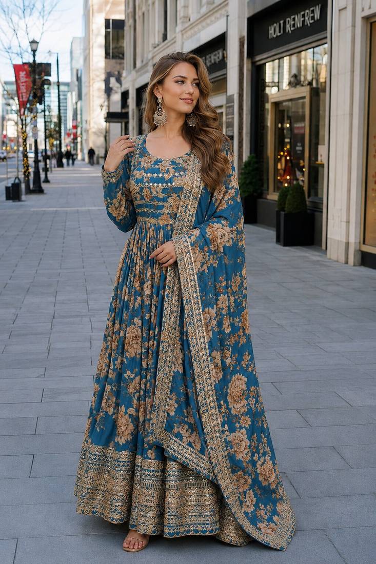 blue silk blend readymade anarkali suit with embroidery & sequence work