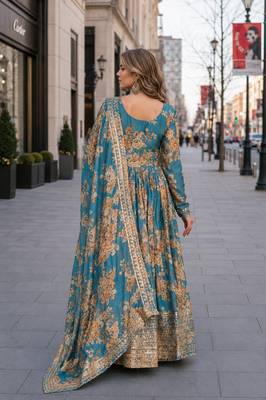 blue silk blend readymade anarkali suit with embroidery & sequence work 2