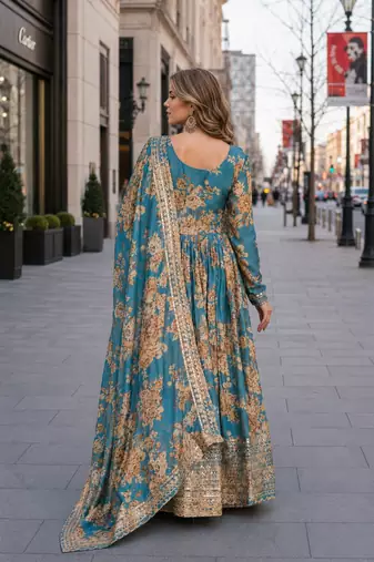 blue silk blend readymade anarkali suit with embroidery & Sequin work
