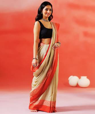 Biscuit beige red handloom khadi saree 4
