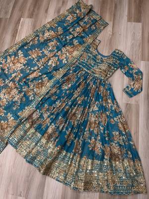 blue silk blend readymade anarkali suit with embroidery & sequence work 3
