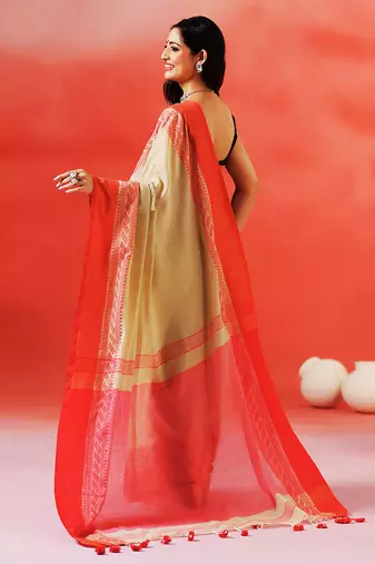 Biscuit beige red handloom khadi saree
