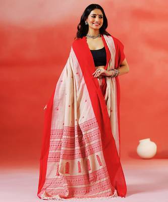 Beige crimson red handloom khadi saree 1