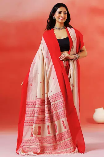 Beige crimson red handloom khadi saree