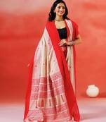 Beige crimson red handloom khadi saree