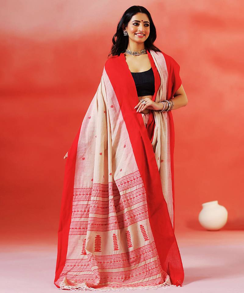 Beige crimson red handloom khadi saree