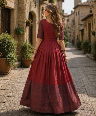 Maroon silk BLEND free size stitched anarkali gown with weaving work 2