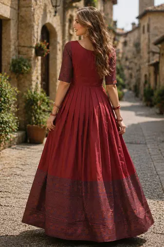 Maroon silk BLEND free size stitched anarkali gown with weaving work