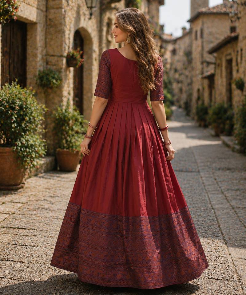 Maroon silk BLEND free size stitched anarkali gown with weaving work