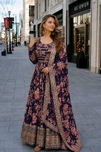 violet silk blend readymade anarkali suit with embroidery & sequence work
