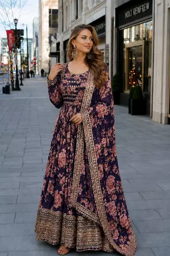 violet silk blend readymade anarkali suit with embroidery & Sequin work