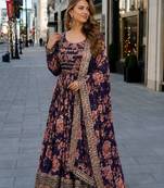 violet silk blend readymade anarkali suit with embroidery & sequence work