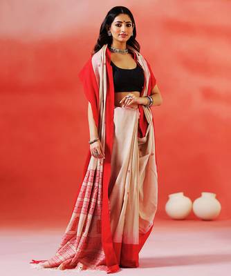 Beige crimson red handloom khadi saree 2