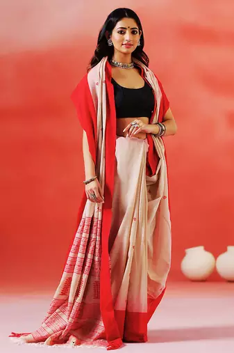 Beige crimson red handloom khadi saree