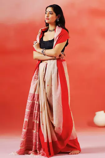 Beige crimson red handloom khadi saree