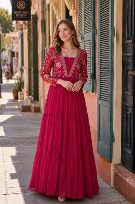 red faux georgette readymade anarkali suit with embroidery & sequence work 1