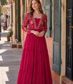 red faux georgette readymade anarkali suit with embroidery & sequence work