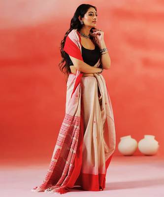 Beige crimson red handloom khadi saree 5