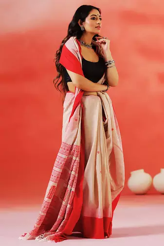 Beige crimson red handloom khadi saree