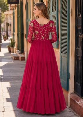 red faux georgette readymade anarkali suit with embroidery & sequence work 2