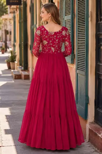 red faux georgette readymade anarkali suit with embroidery & Sequin work