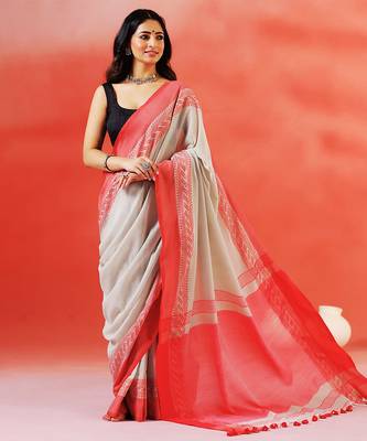 Grey coral red handloom khadi saree 1