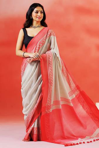 Grey coral red handloom khadi saree