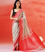 Grey coral red handloom khadi saree