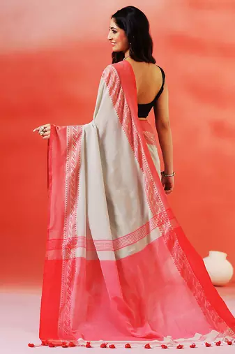 Grey coral red handloom khadi saree
