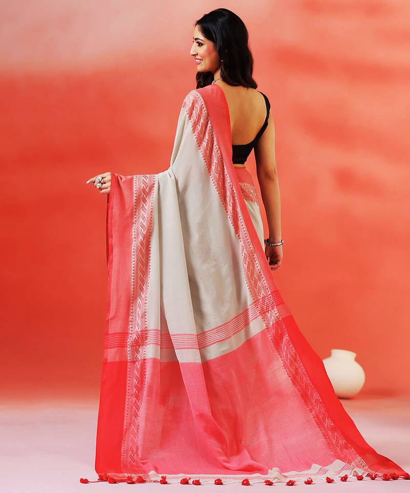 Grey coral red handloom khadi saree