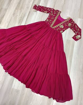 red faux georgette readymade anarkali suit with embroidery & sequence work 3