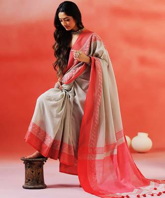 Grey coral red handloom khadi saree 3