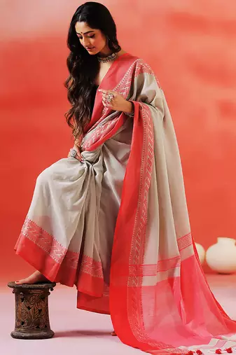 Grey coral red handloom khadi saree