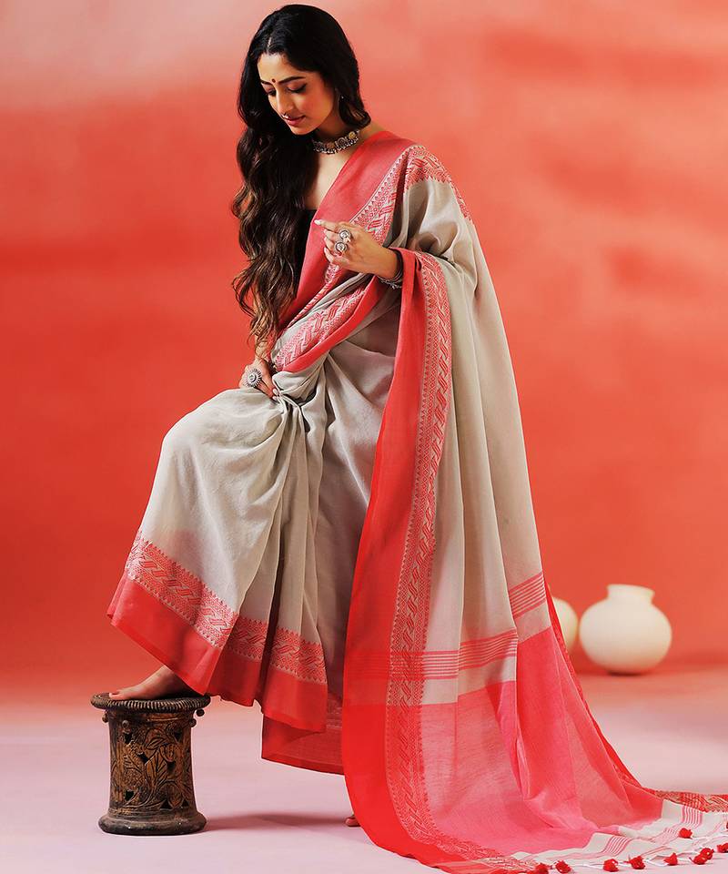 Grey coral red handloom khadi saree
