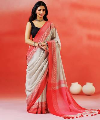 Grey coral red handloom khadi saree 4