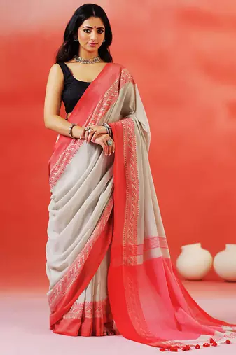 Grey coral red handloom khadi saree