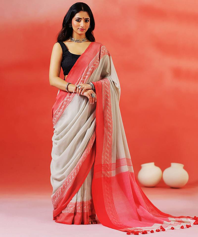 Grey coral red handloom khadi saree