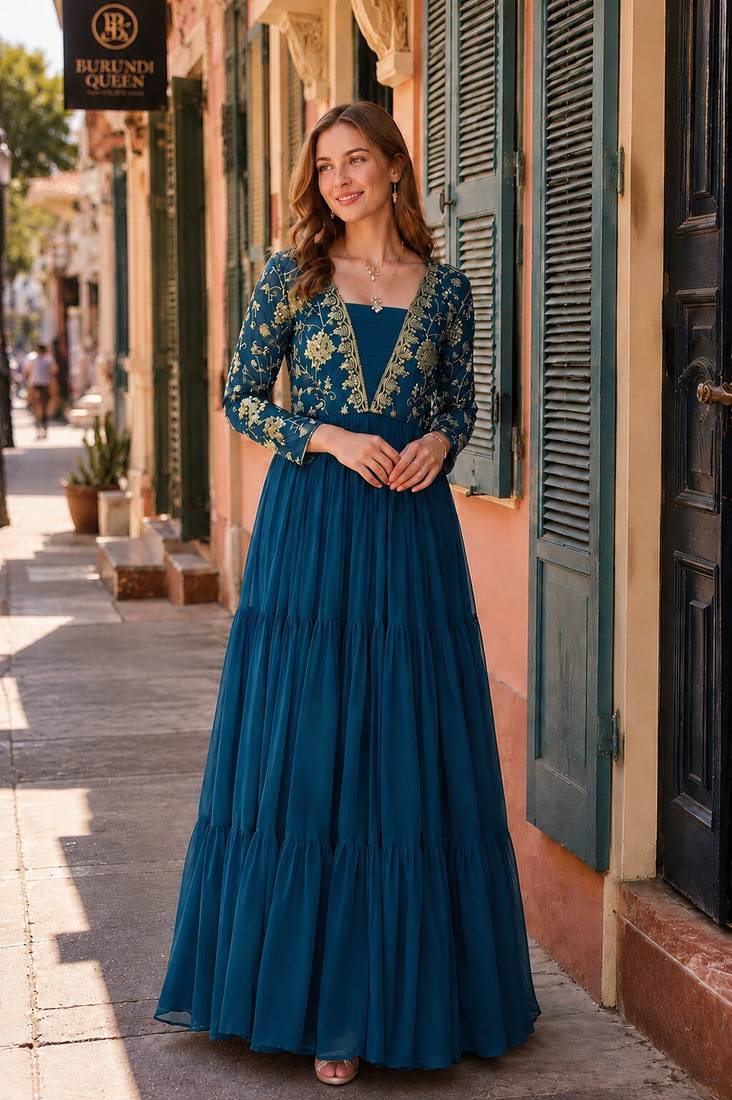 navy faux georgette readymade anarkali suit with embroidery & sequence work