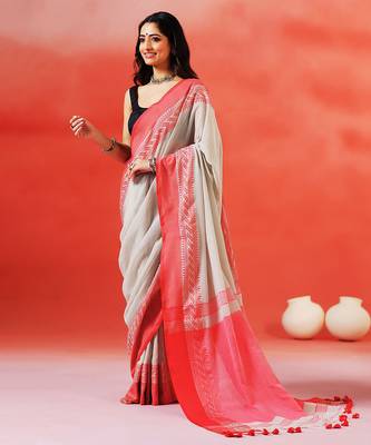 Grey coral red handloom khadi saree 5
