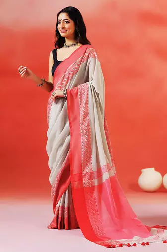 Grey coral red handloom khadi saree