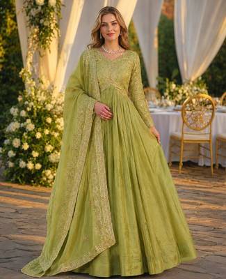 green silk blend readymade anarkali suit with embroidery & sequence work 1