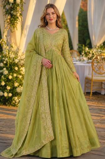 green silk blend readymade anarkali suit with embroidery & Sequin work