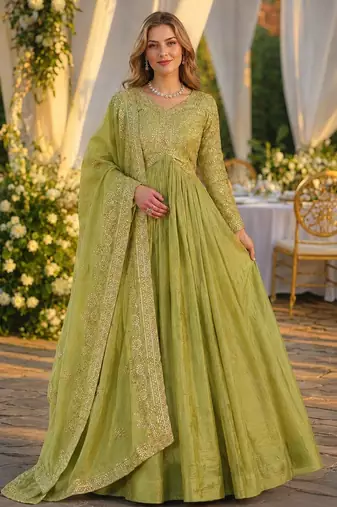 green silk blend readymade anarkali suit with embroidery & Sequin work